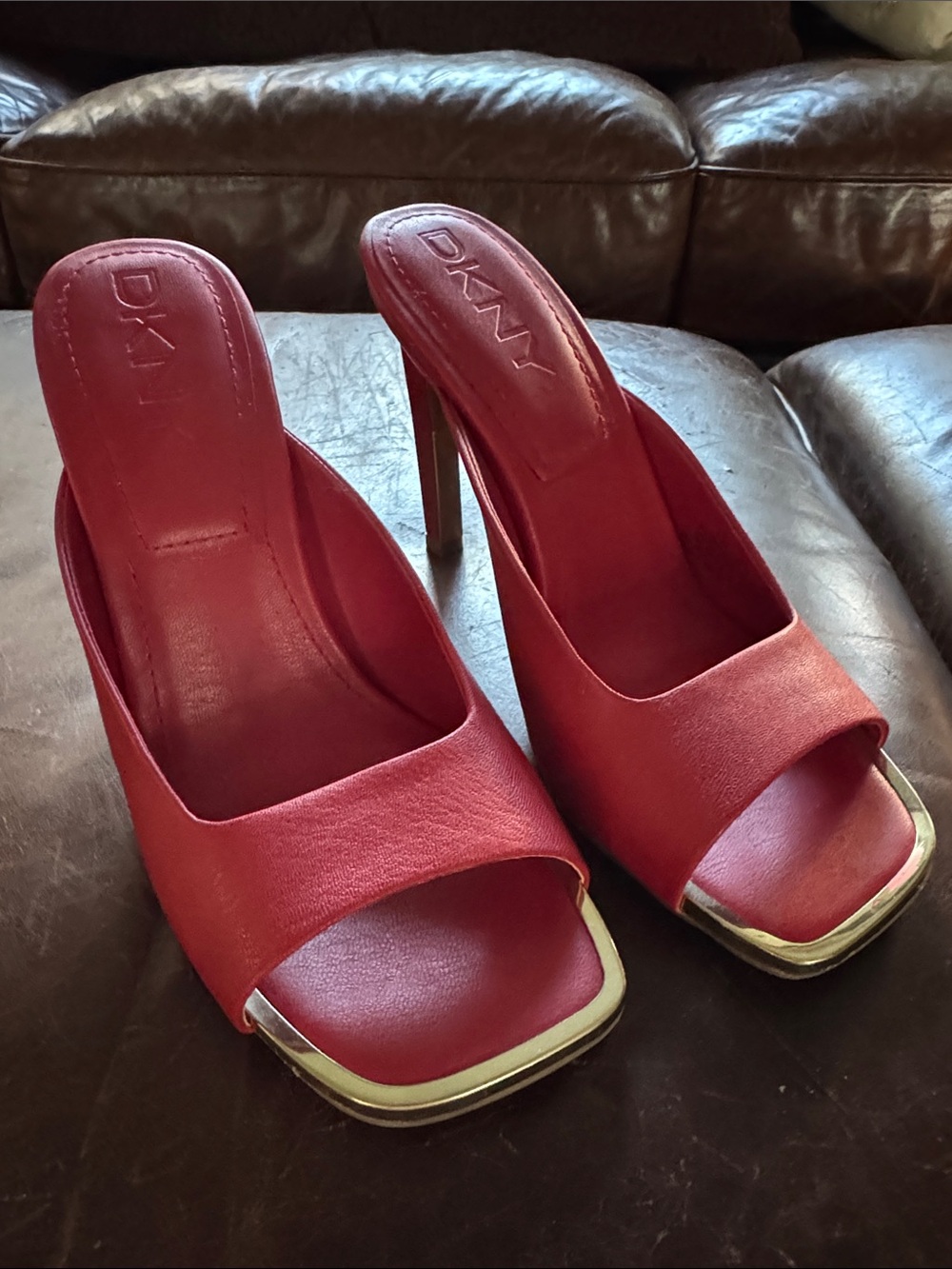 DKNY Red Open-Toe Slide Heels with Gold Trim